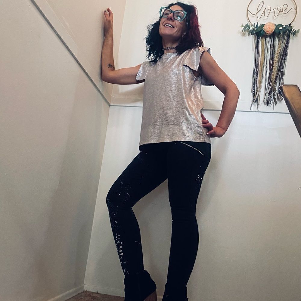 Custom DYNDNM Kate Upcycled Size 27 Black + White Paint Splatter Motto Jeggings